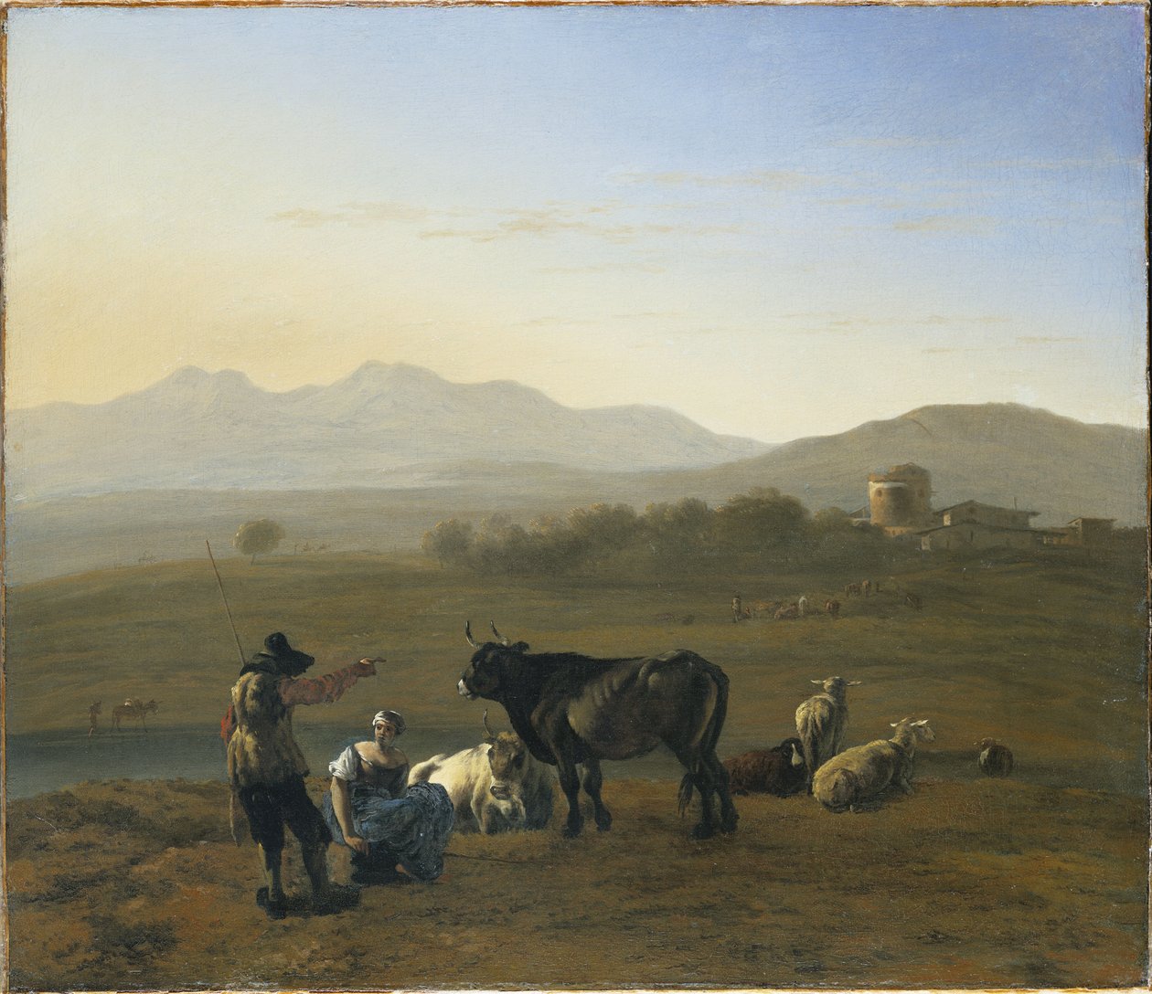 Ett vidsträckt landskap i den romerska Campagna, med boskap och herdar, 1975 av Karel Dujardin