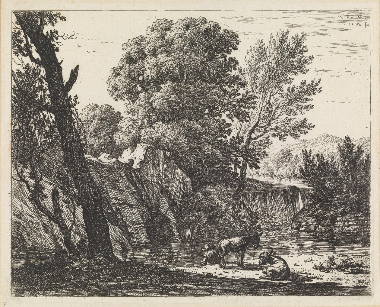 Landskap med en man och två åsnor av Karel Dujardin