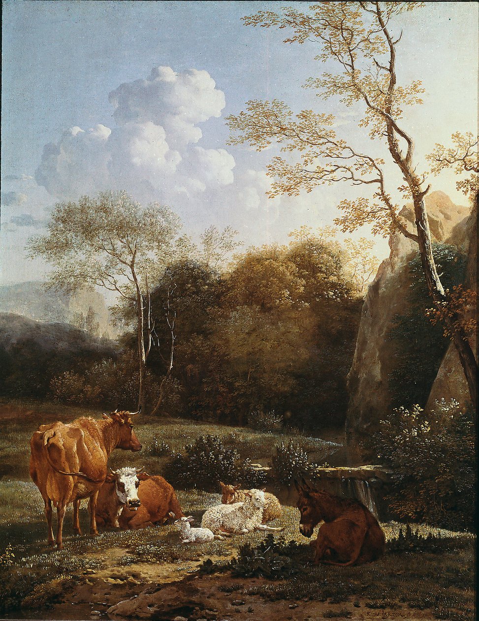 Djuret bocage nära en bäck. Målning av Karel Dujardin (1622-1678) 1656 Sön. 52x43 cm Paris, Louvren av Karel Dujardin