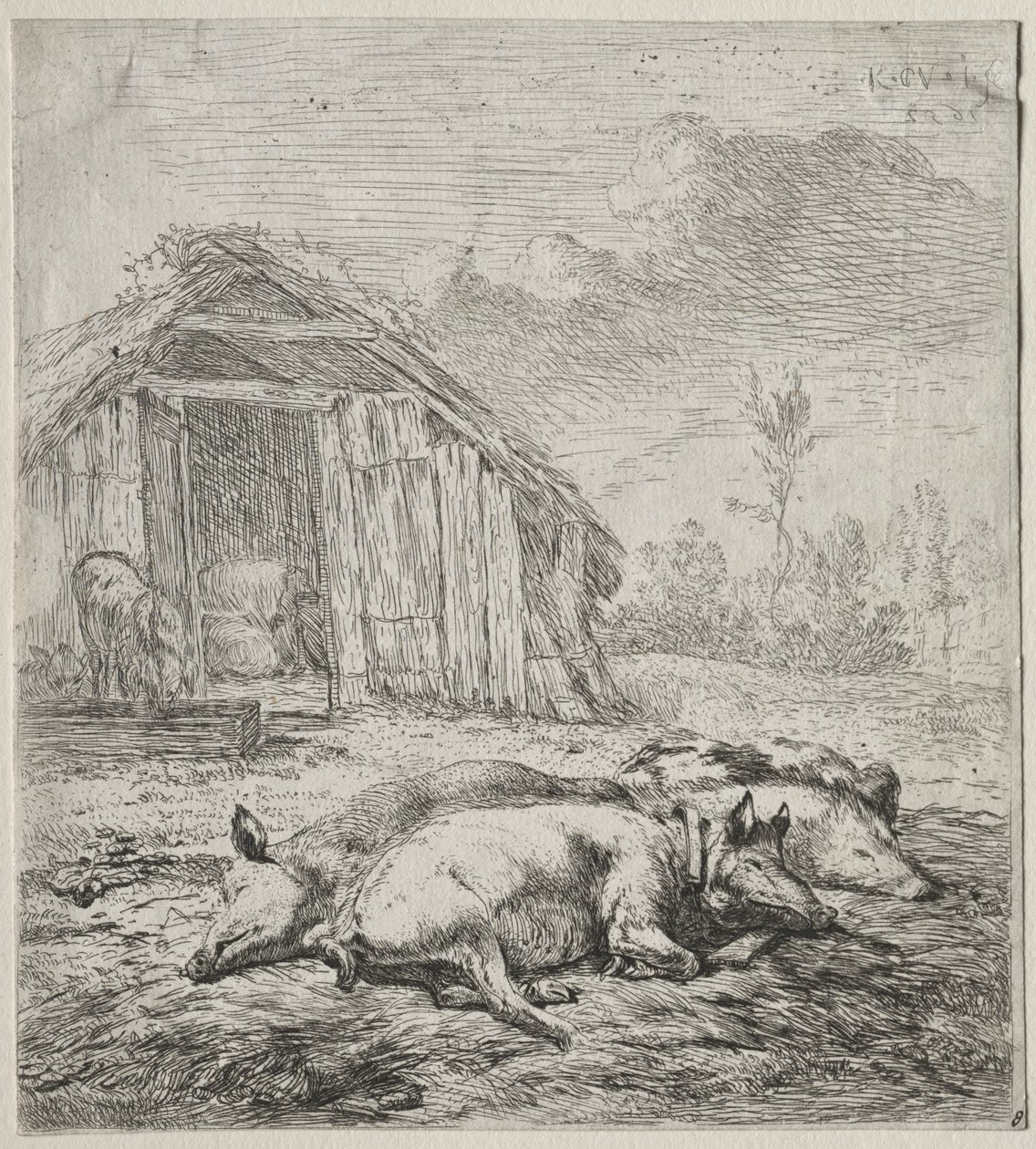 Tre svin som ligger framför en stall. av Karel Dujardin