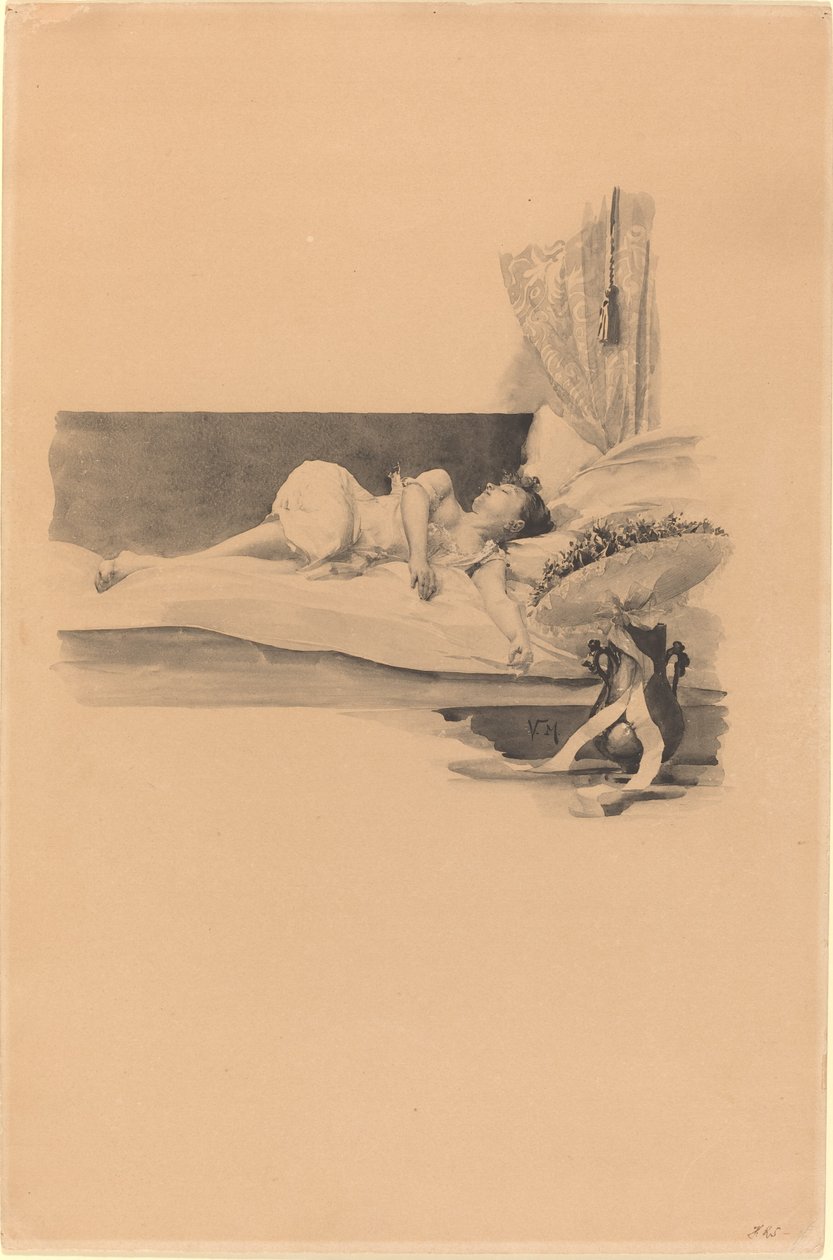 Illustration för "Jestrab Kontra Hrdlicka, XXII" (Flicka sover på en säng) av Karel Vitezslav Masek