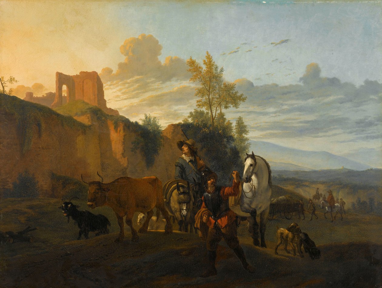 Italienskt landskap med soldater av Karel du Jardin (copy after)