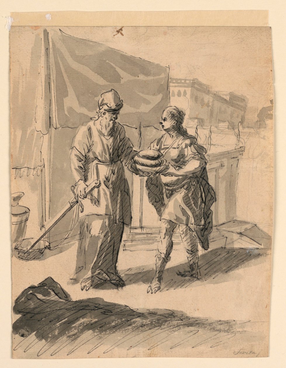 Teckning, Figur som överlämnar bröd till en general, ca 1650 av Karel Škréta