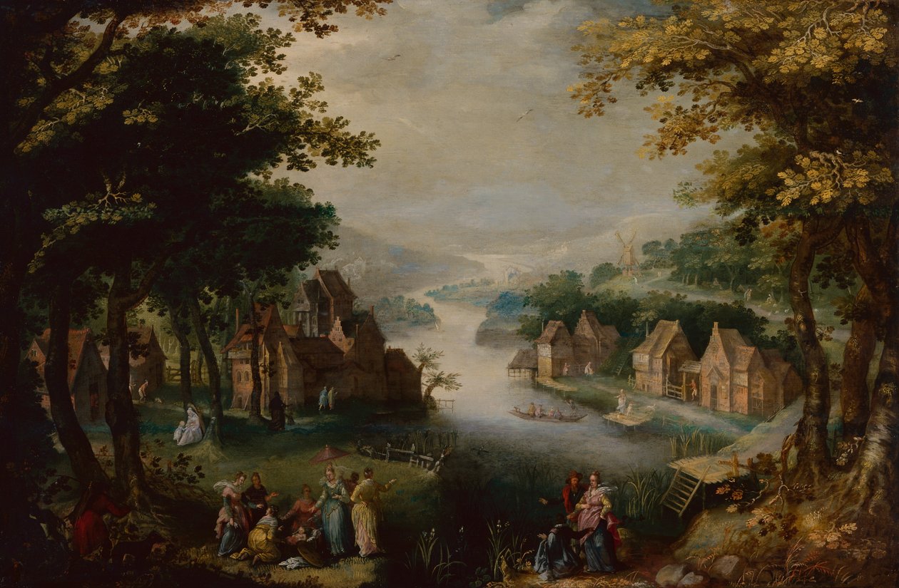 Att hitta Moses med ett elegant par, tjänare och jägare (olja på trä) av Karel van (circle of) Mander