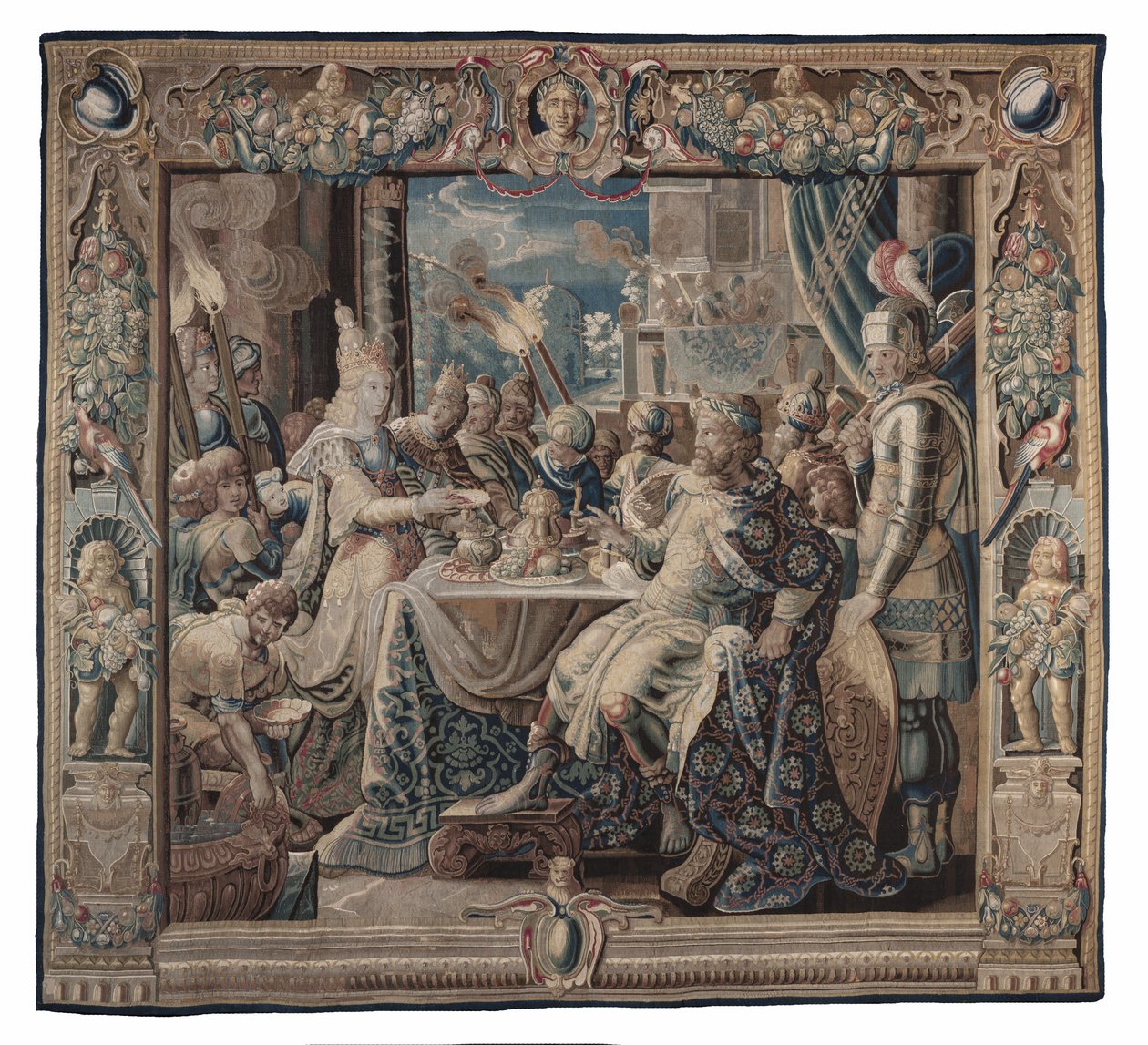 Cleopatra Entertains Antony; gobeläng, ca 1640 (tuskaftsväv i ull och siden med varpväv i ull) av Karel van II Mander