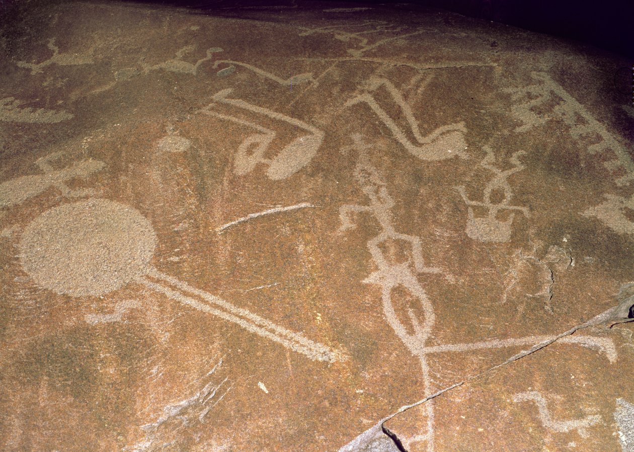 Ristade hällristningar föreställande figurer, rådjur, älg, fåglar, båtar och cirklar, 3:e årtusendet f.Kr. (granit) av Karelian