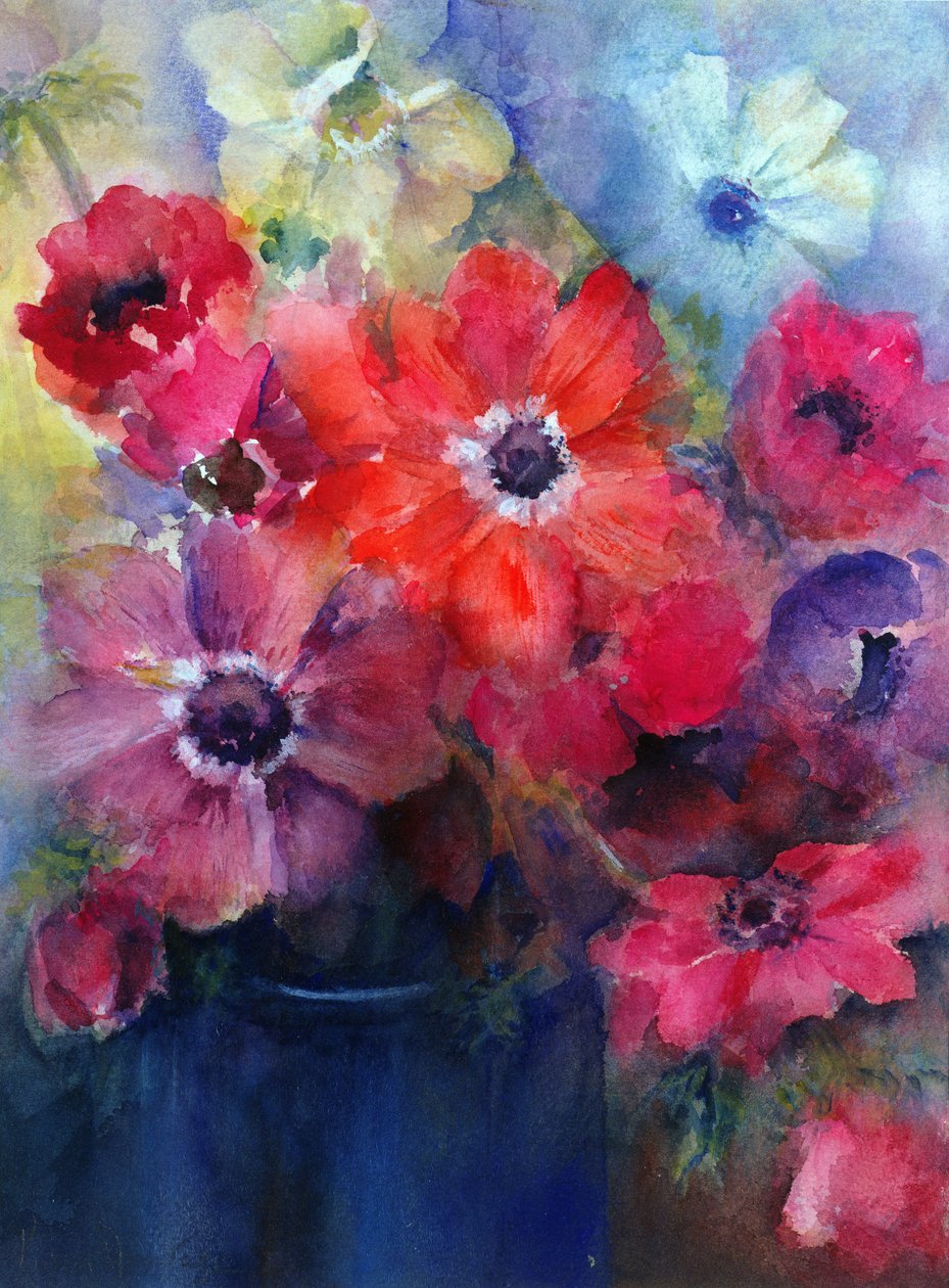 Caen anemoner i en blå kanna av Karen Armitage
