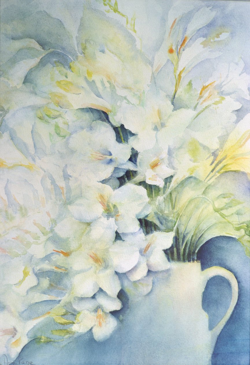 Freesia, Aurora och Ballerina i en vit kanna av Karen Armitage