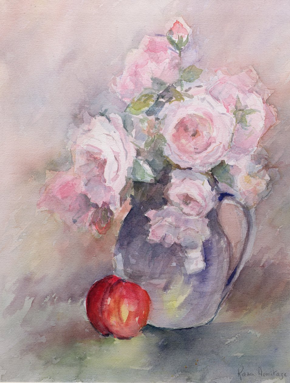 Rosa rosor i en blå kanna, 1994 (wc) av Karen Armitage