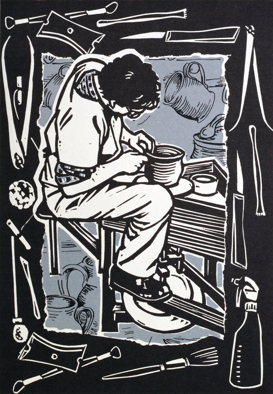 Potter, 1998 (linosnitt på papper) av Karen Cater