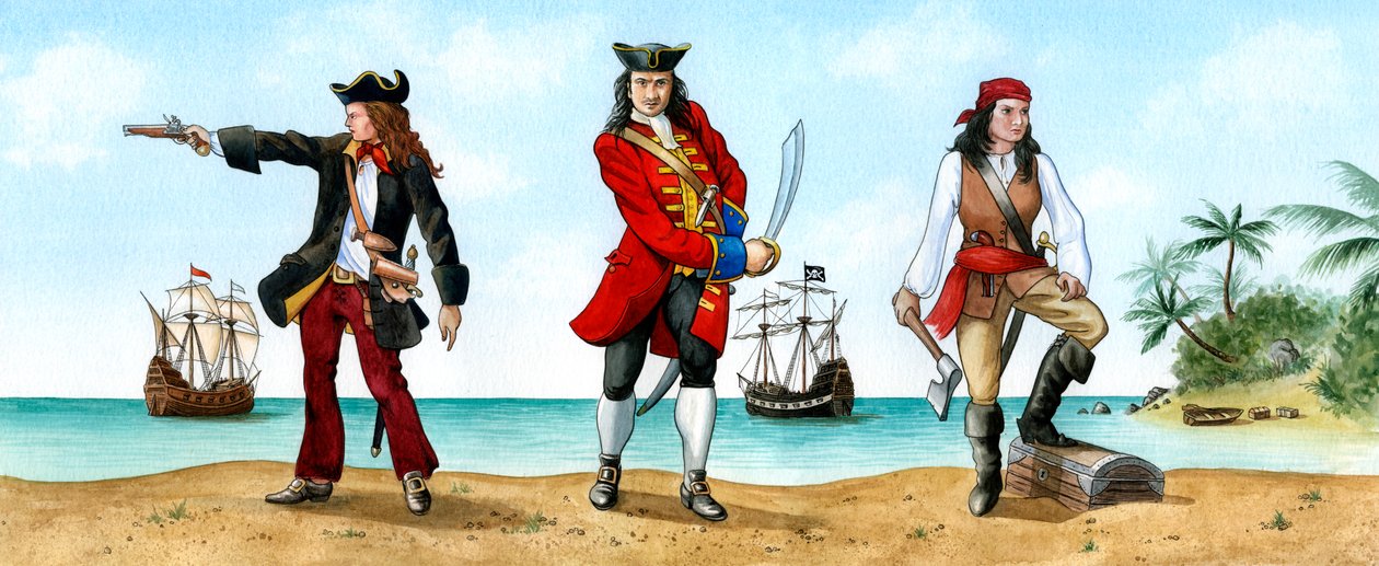 Anne Bonny, John Calico Jack Rackam och Mary Read, 1700-talspirater. av Karen Humpage
