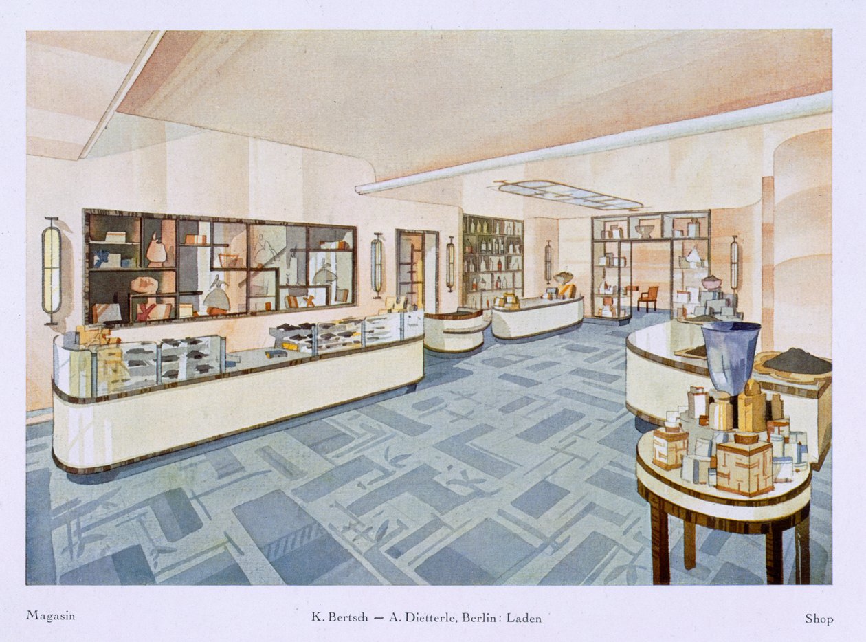 Parfymaffär, illustration från Modern Interiors in Colour, 1929 av Karl Bertsch