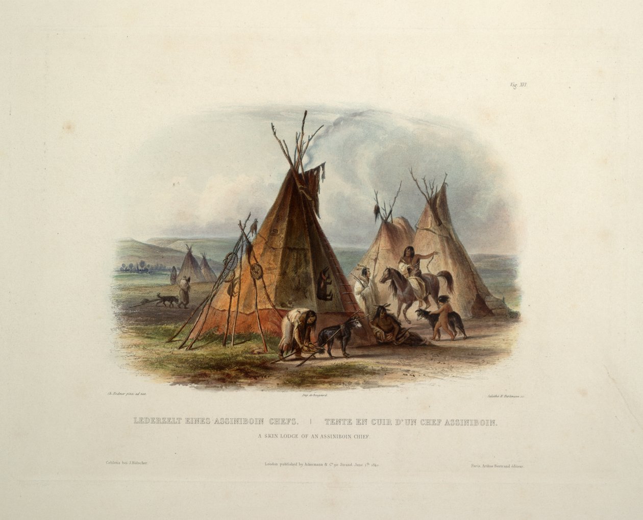 En hudlodge av Assiniboin-hövdingen av Karl Bodmer