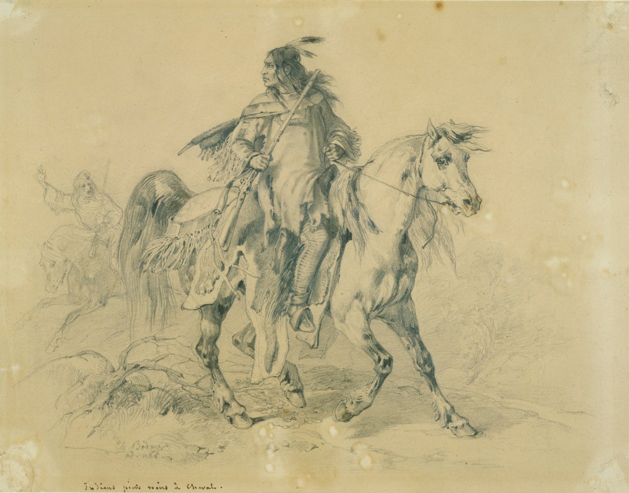 Blackfeet-krigare till häst, ca 1833-43 (penna, penna och wc på papper) av Karl Bodmer