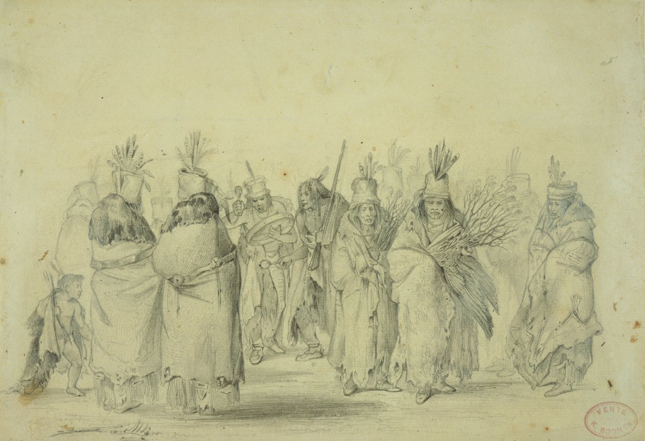 Dance of the Mandan women, c.1833-43 (penna, penna och wc på papper) av Karl Bodmer