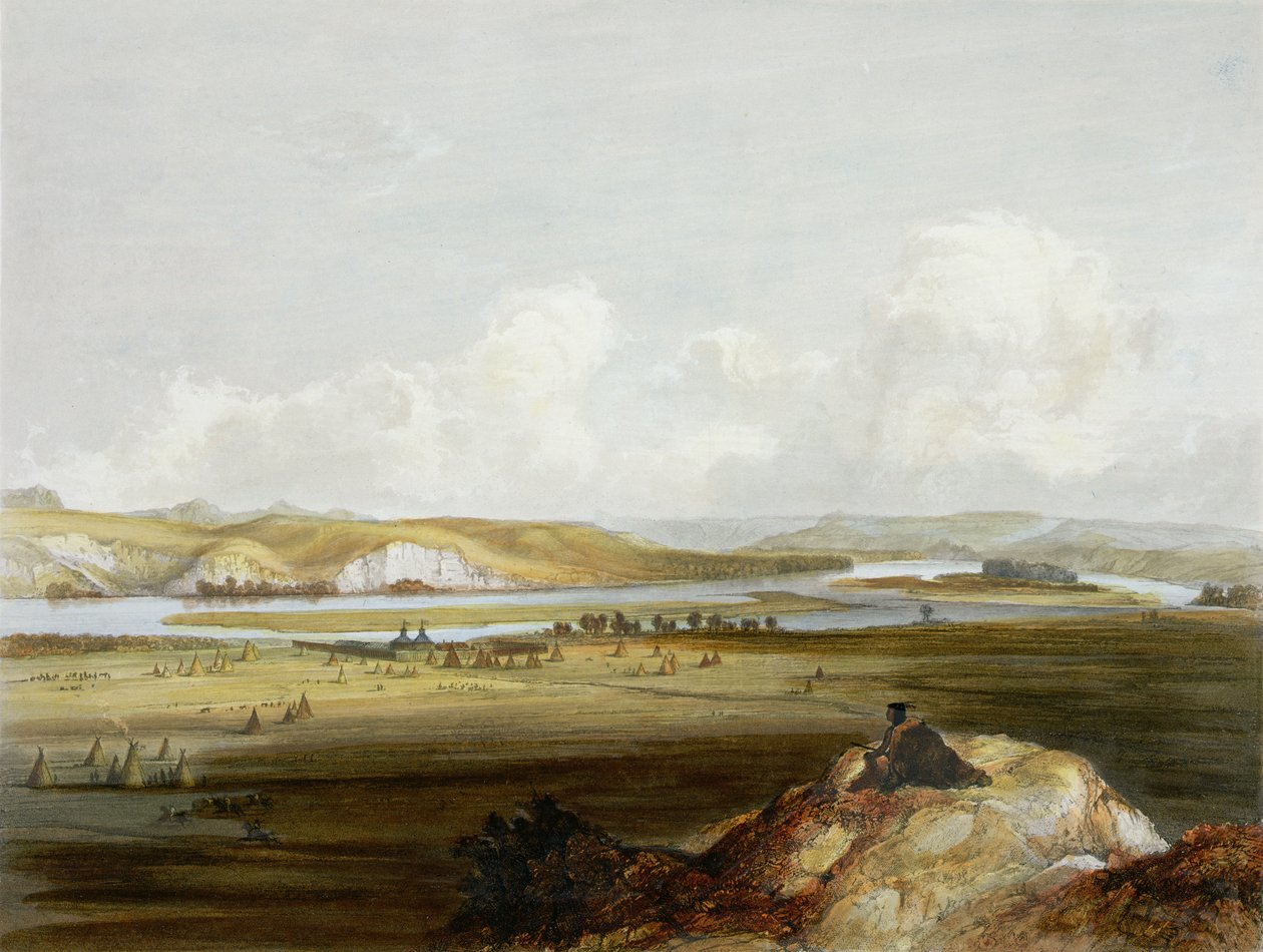 Fort Pierre vid Missouri, tavla 10 från volym 2 av "Travels in the Interior of North America", graverad av Friedrich Salathe (1793-1858) 1844 (akvatint) av Karl Bodmer