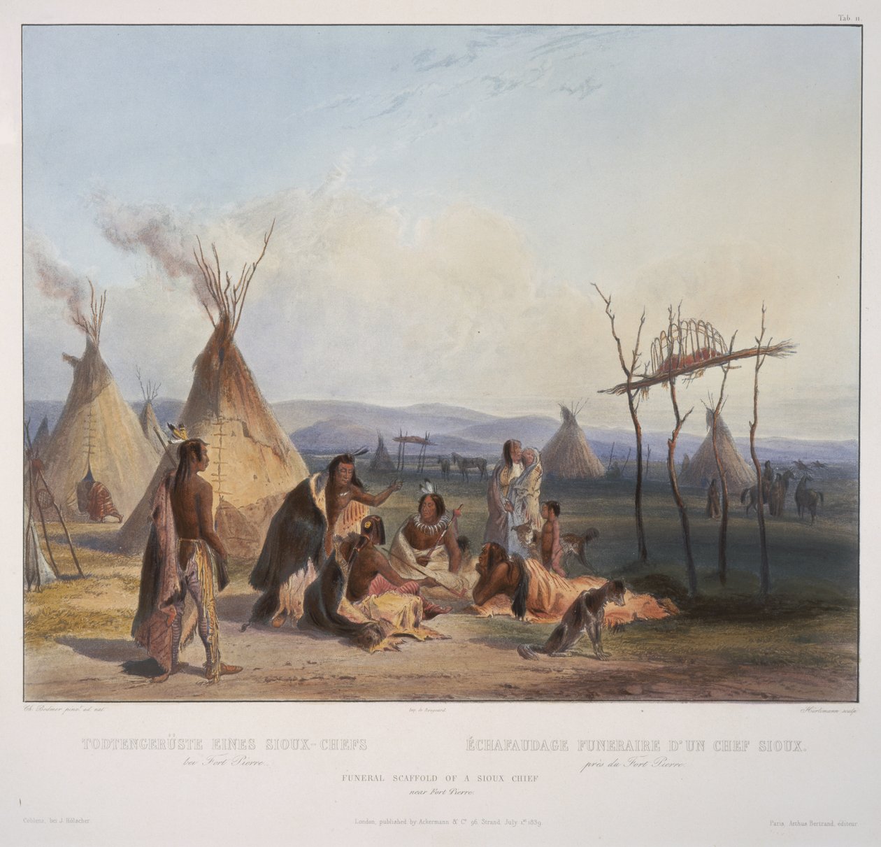 En Sioux-hövdings begravningsställning nära Fort Pierre, graverad av J. Hurliman, publicerad 1839 (akvatint) av Karl Bodmer