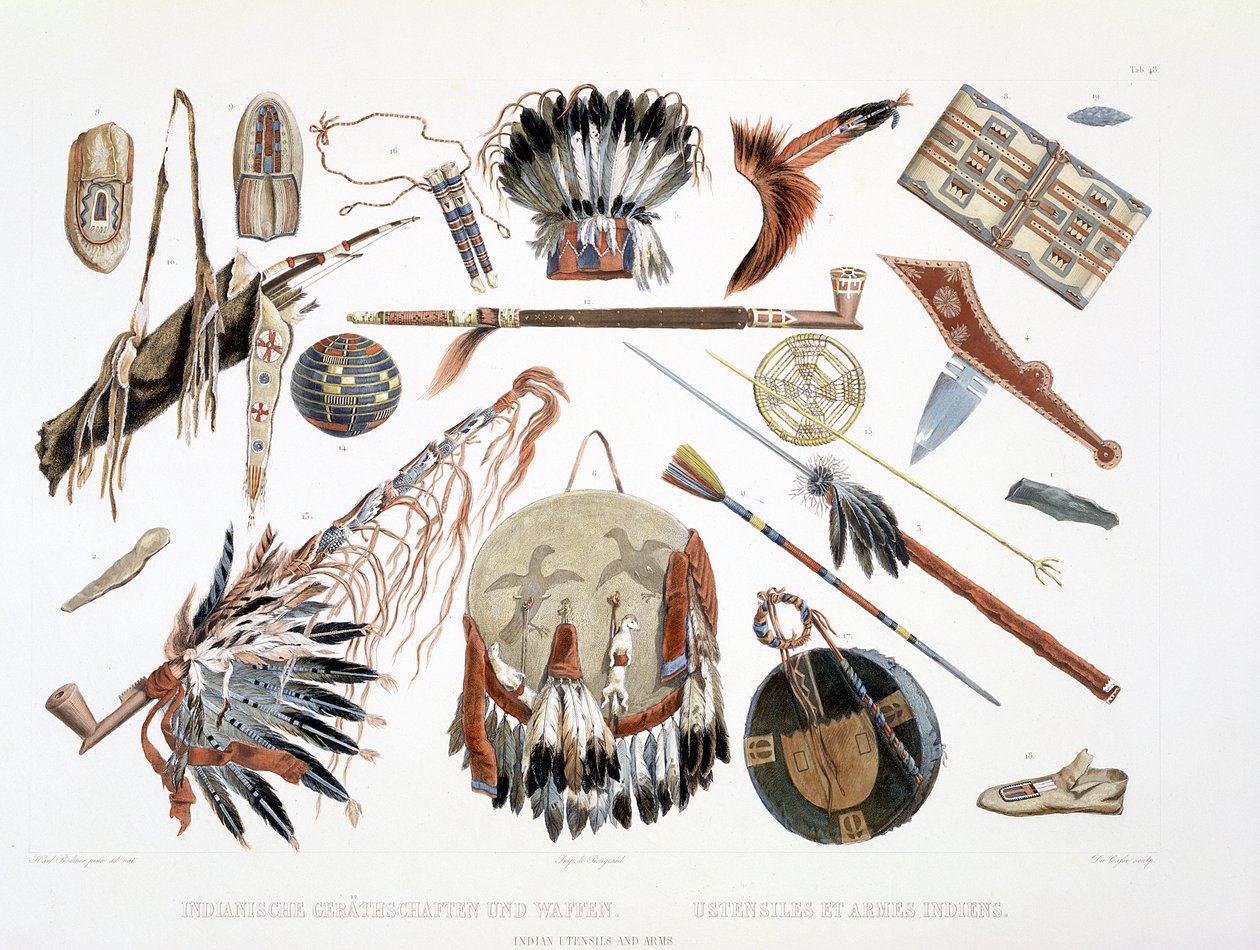 Indianska redskap och vapen, tavla 48 från volym 2 av "Travels in the Interior of North America", graverad av Du Casse, 1844 (akvatint) av Karl Bodmer
