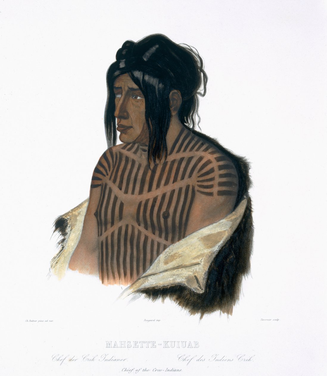 Mahsette-Kuiuab, hövding för Cree-indianerna, tavla 22 från volym 1 av "Travels in the Interior of North America", graverad av Pierre Joseph Tavernier (1787-p.1845) 1843 (akvatint) av Karl Bodmer