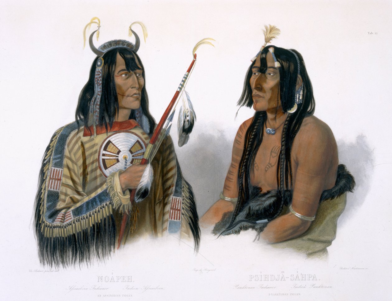 Noapeh, en assiniboinindian och Psihdja-Sahpa, en yanktonanindian, tavla 12 från volym 2 av "Travels in the Interior of North America", graverad av Chollet och J. Hurlimann, 1844 (akvatint). av Karl Bodmer