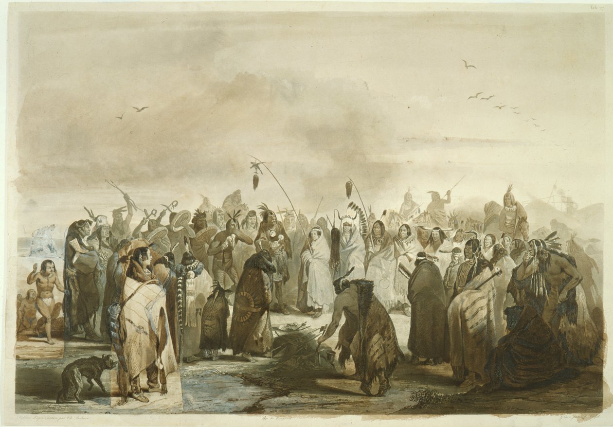 Scalp dance of the Minatarres, ca 1833-43 (penna, penna och wc på papper) av Karl Bodmer