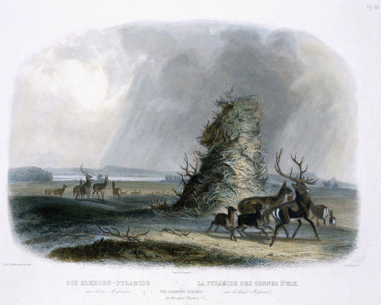 Elkhorn Pyramid on the Upper Missouri, plåt 21 från volym 1 av "Resor i det inre av Nordamerika", graverad av A. Fournier, 1843 (akvatint) av Karl Bodmer