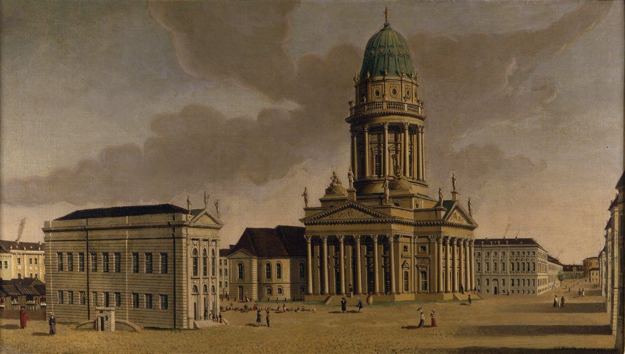 Gendarmenmarkt med franska lekhuset och katedralen, Berlin, 1788 av Karl Friedrich Fechhelm