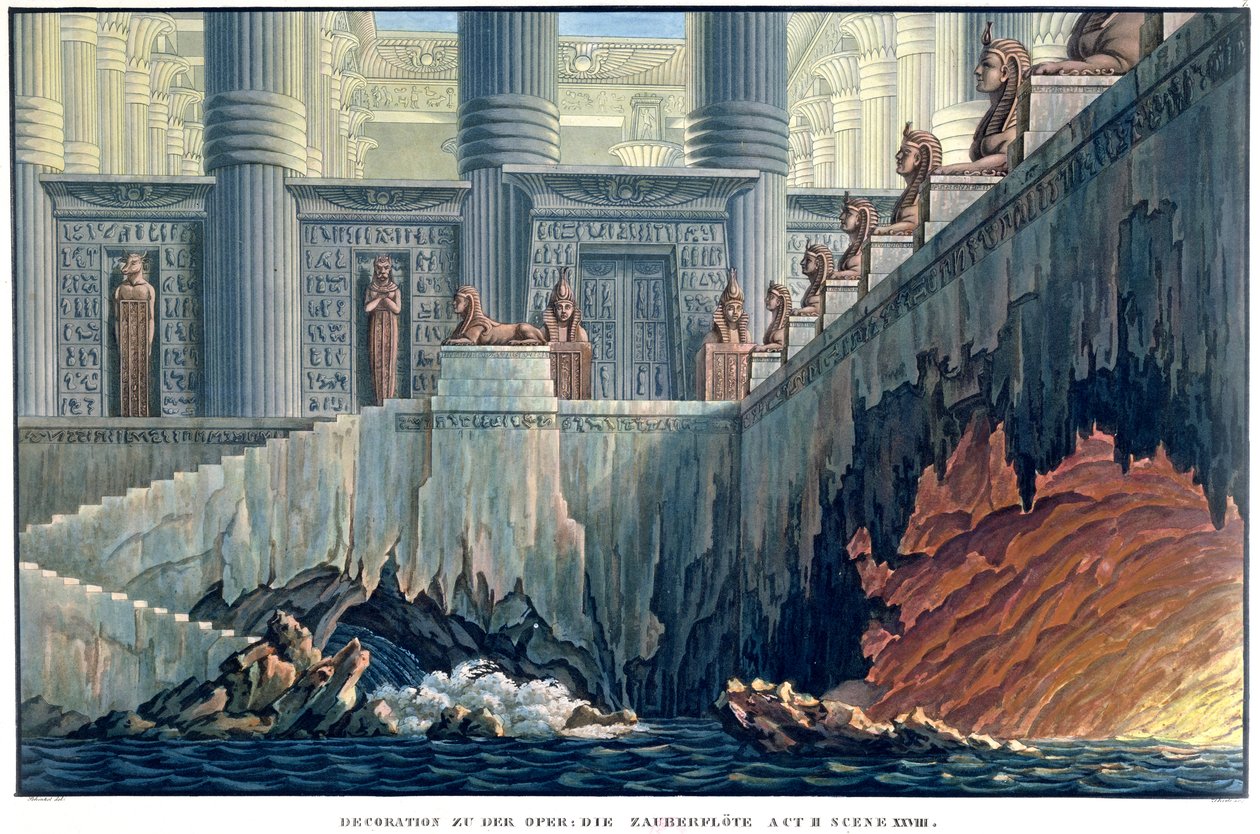 Egyptisk scenografi för akt II, scen xxviii i operan "Trollflöjten" av Wolfgang Amadeus Mozart (1756-91) av Karl Friedrich Schinkel