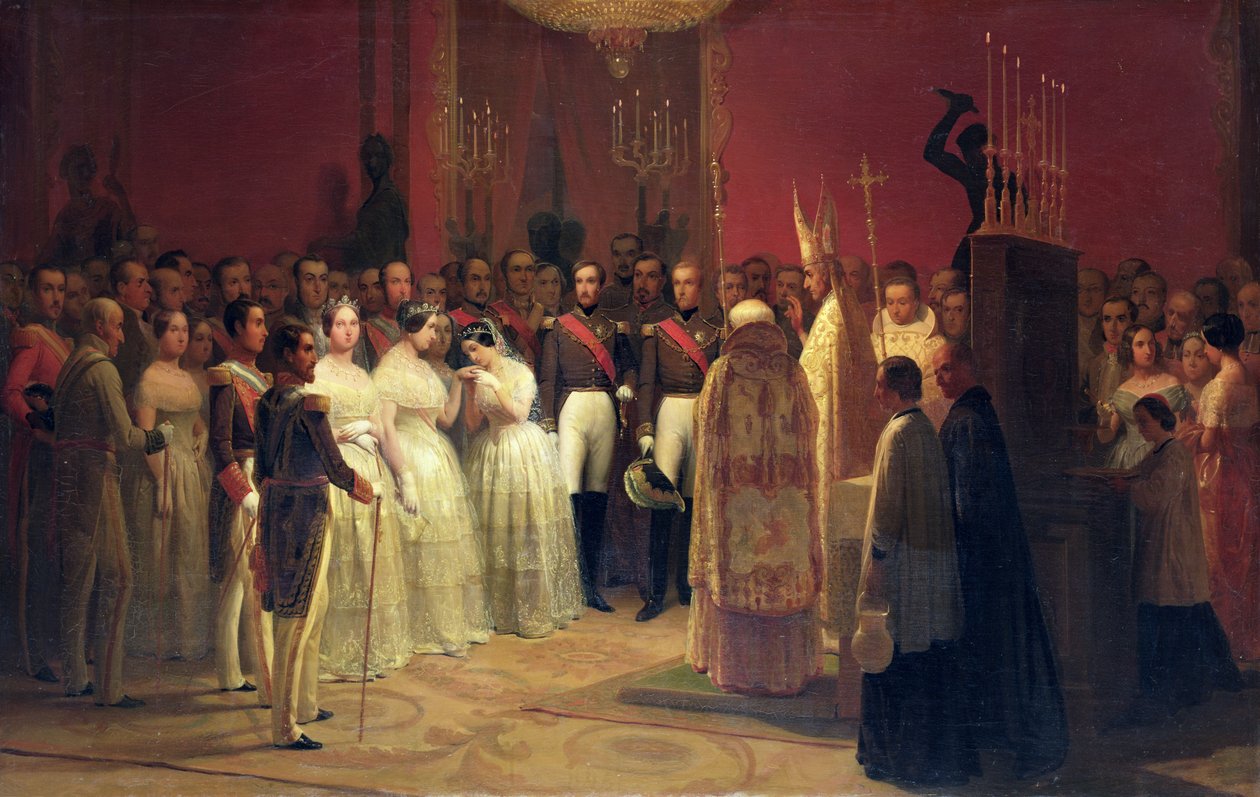 Äktenskap mellan drottning Isabella II (1830-1904) med prins Francisco de Assisi de Bourbon (1822-1902) och Maria Luisa Fernanda (1832-97) Infanta av Spanien med Antoine d