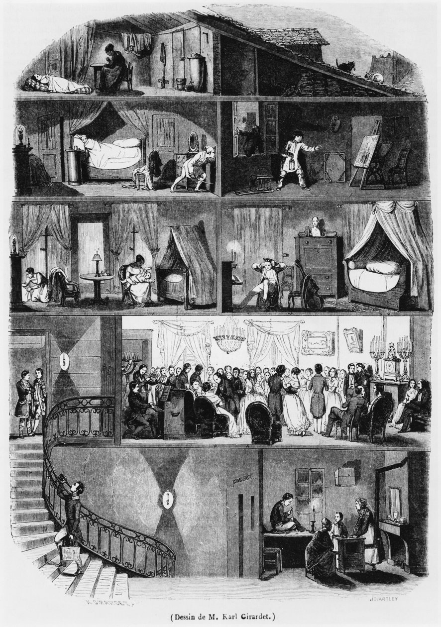 Sektion av en parisisk byggnad, illustration från "Le Magasin Pittoresque", graverad av John Quartley (fl.1835-67) 1847 av Karl Girardet