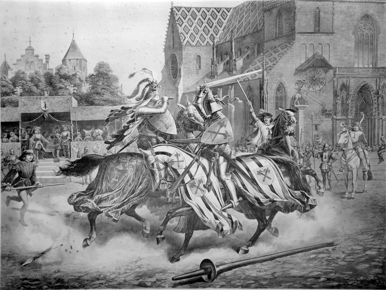 Turneringen i Basel mellan Heinrich von Ramstein och spanjoren Don Merlo december 1428. Förlag av Emil Birhäuser, Basel av Karl Jauslin