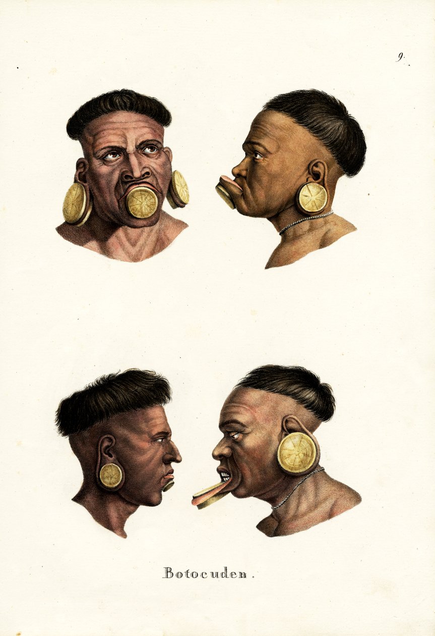 Botocudo människor, 1824 av Karl Joseph Brodtmann