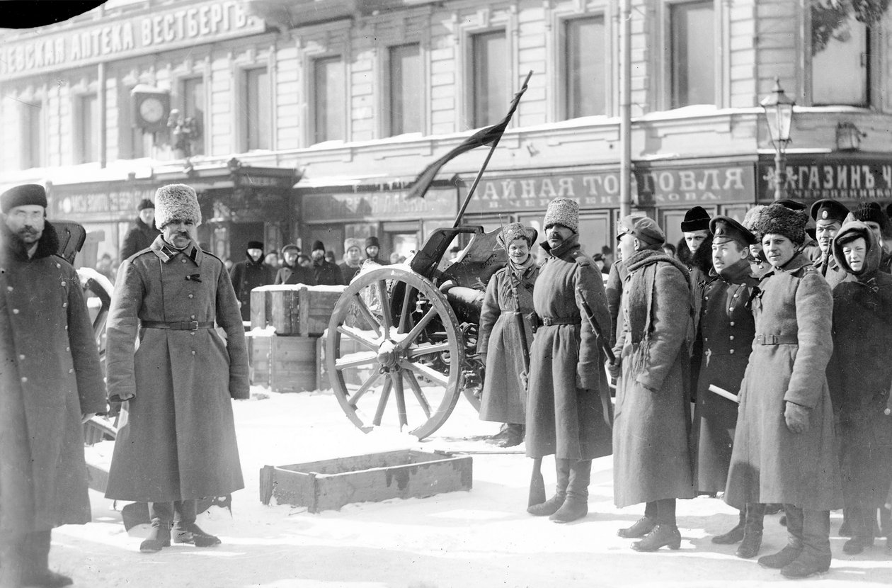 Barrikader på Liteiniy Prospekt, St Petersburg, februari 1917 av Karl Karlovich Bulla