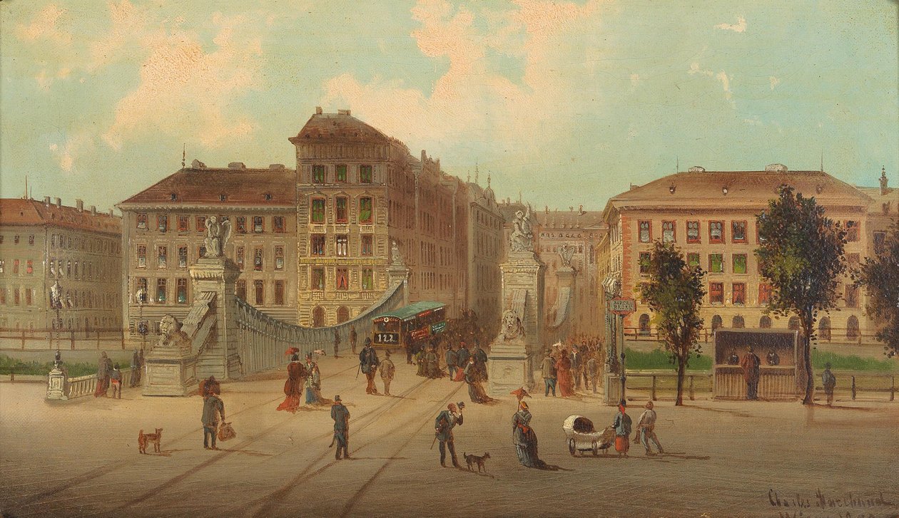  Die Aspernbrucke in WiennDeutsch: Belebte Strassenszene mit Strassenbahn in Wien, 1878. Blick uber die Fahrbahn der Aspernbrucke zum linken Ufer des Donaukanals, zu den Hausern der Unteren Donaustrasse und in die Asperngasse heute Aspernbruckengasse. Link av Karl Kaufmann