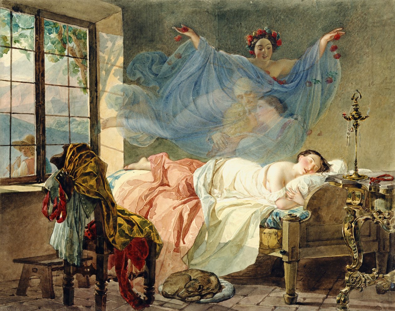 Dreams of a Young Girl at Daybreak, 1830-33 (wc på kort) av Karl Pavlovich Bryullov