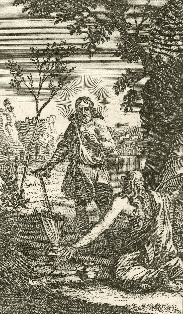 Jesus framträder som trädgårdsmästare för Maria Magdalena, från en tysk andakt, 1709 (kopparplåtsgravyr) av Karl Remshard