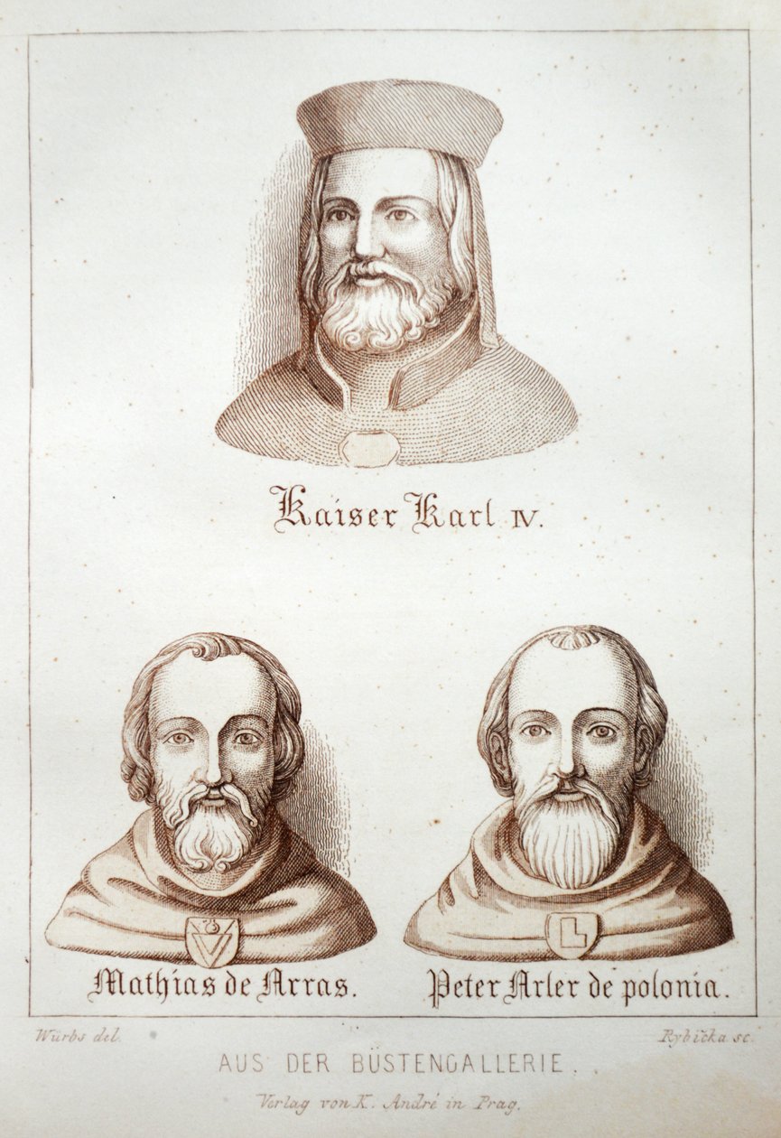 Illustration från boken Der Dom zu Prag från 1858, som visar byster i galleriet i kyrkan St. Välkommen av Karl Wurbs