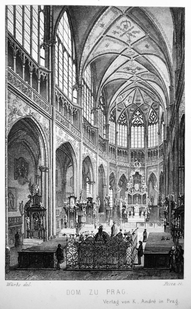 Illustration från boken Der Dom zu Prag från 1858, som visar interiören i kyrkan St. Välkommen av Karl Wurbs