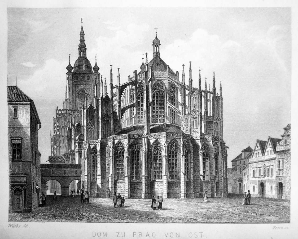 Illustration från boken Der Dom zu Prag från 1858, som visar kyrkan St. Välkommen av Karl Wurbs