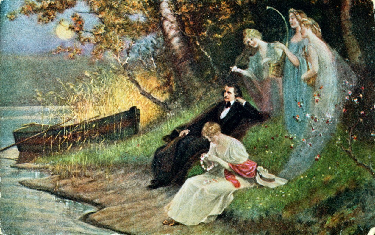 Vykort föreställande Robert Schumann (1810-56) med muser, ca 1910 av Karl the Elder Schweninger