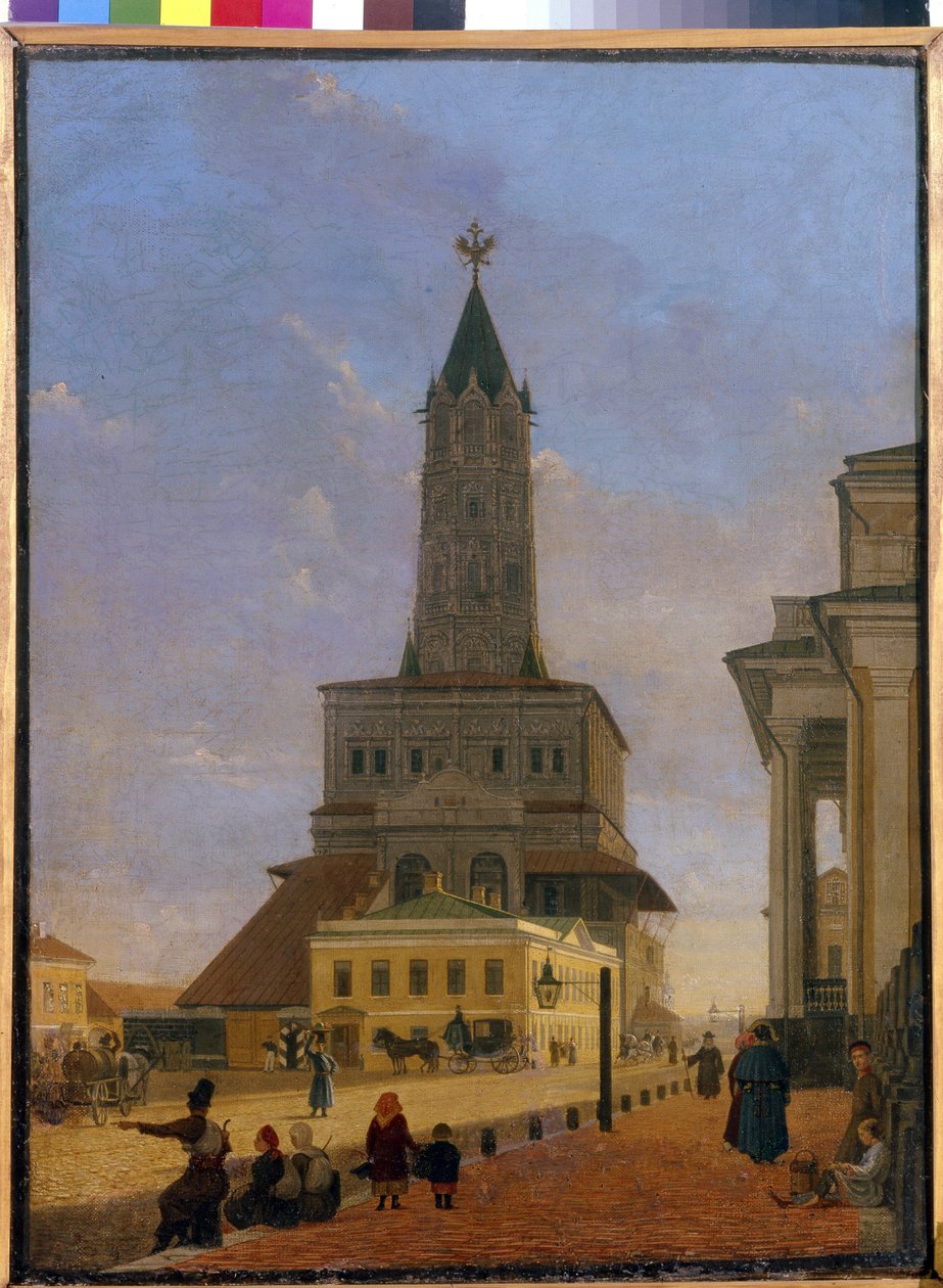 Sukharev-tornet i Moskva. Byggd 1695, arkitekten Tchoglokov och revs 1934, var den belägen i hörnet av ringen av trädgårdar och Stretenka Street. Målning av Karl Petrovich Bodri (1812-1894), olja på duk av Karl Fridrikh Petrovich Bodri