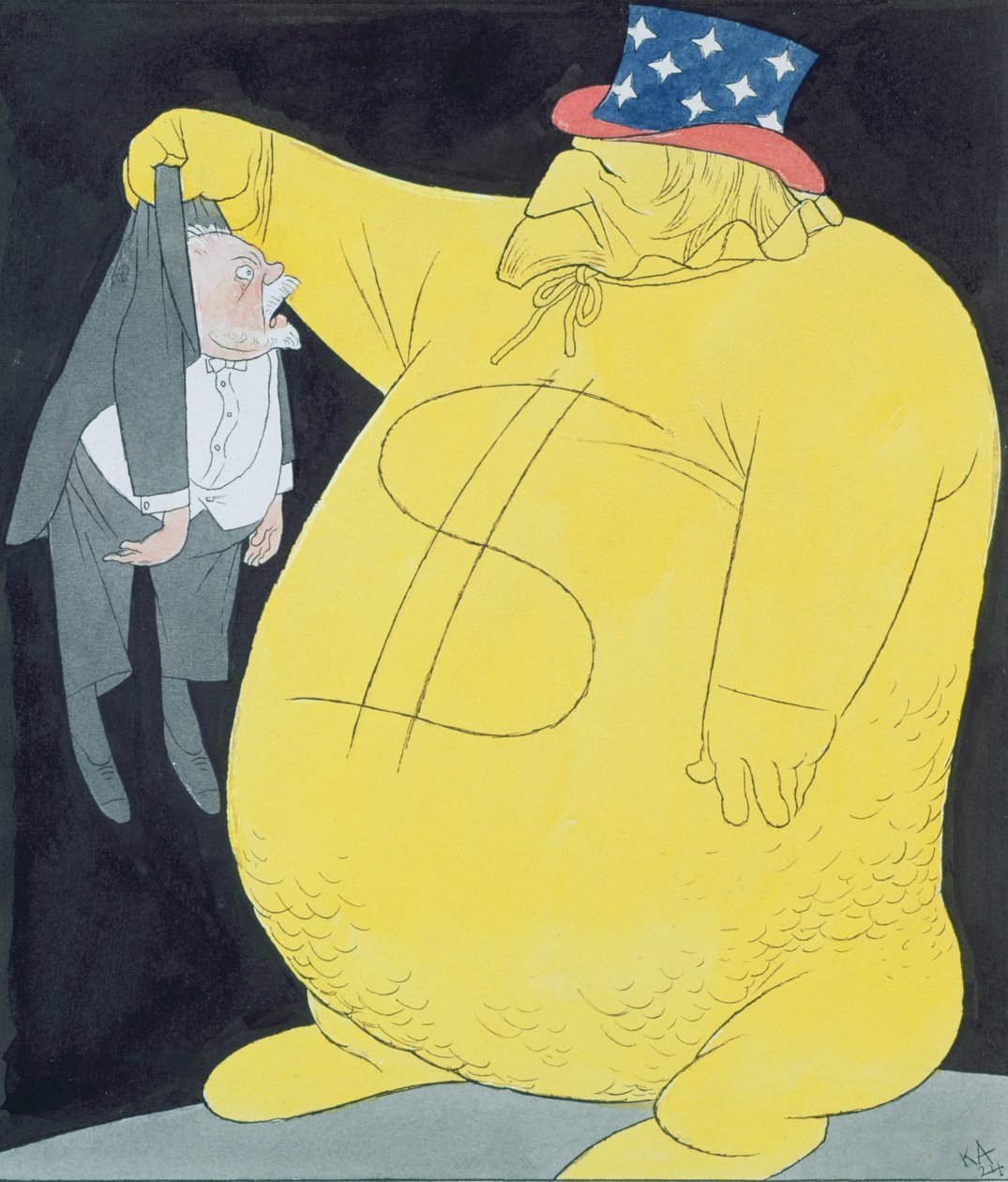 Uncle Sam som en säck med dollar med Poincare (akvarell, penna  tusch på papper) av Karl Arnold