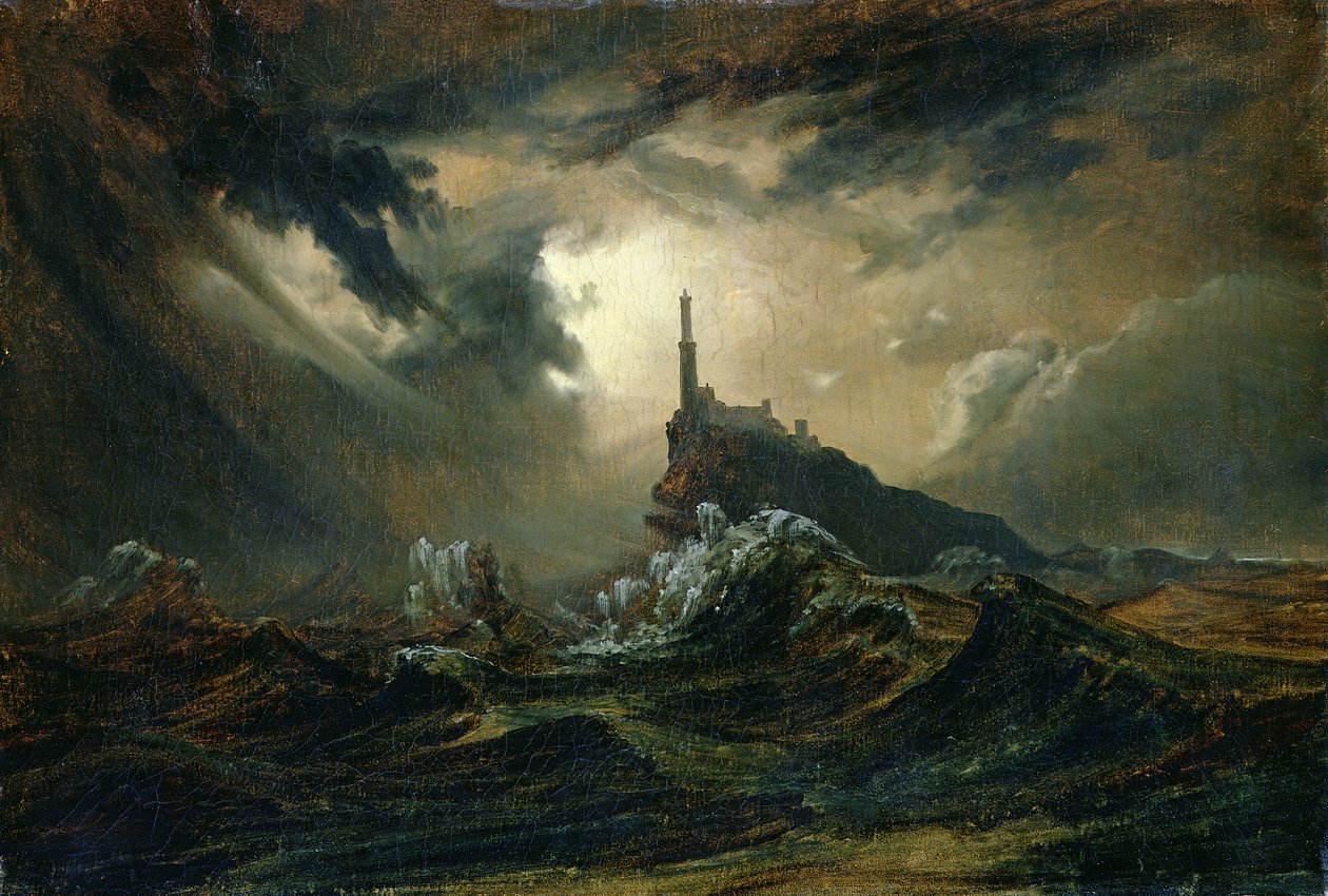 Stormigt hav med fyr av Carl Blechen