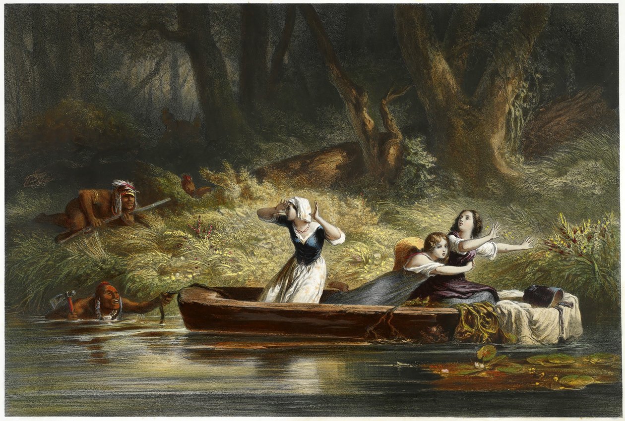Capture of the Daughters of Daniel Boone och Richard Callaway av indianerna, pub. 1852 (färggravyr) av Karl Bodmer