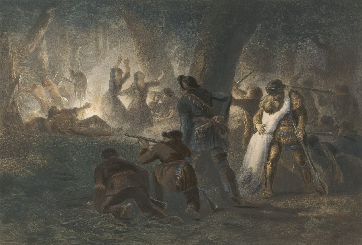 Deliverance of the Daughters of Daniel Boone och Richard Callaway, pub. 1852 (färggravyr) av Karl Bodmer