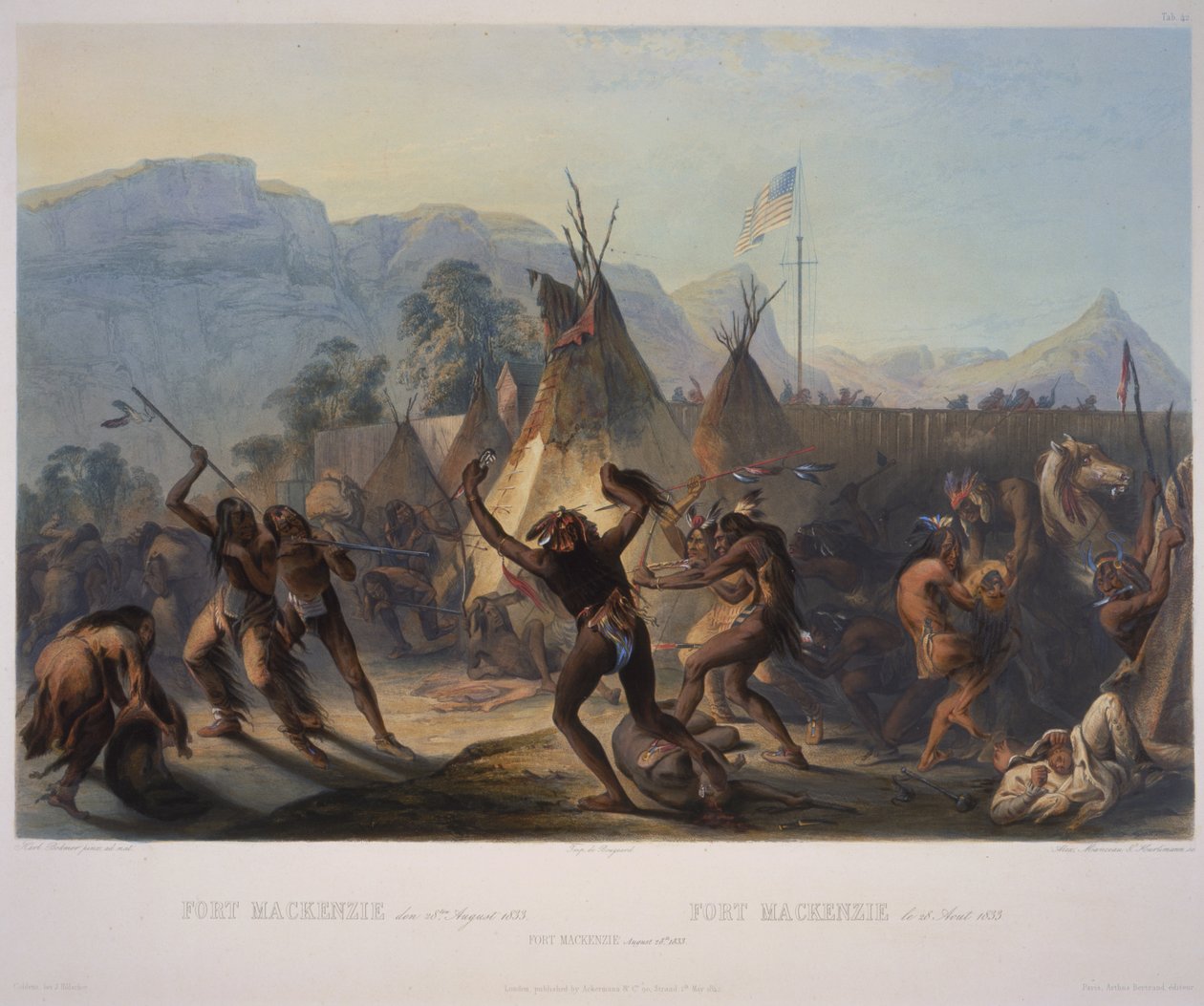 Fort McKenzie, 28 augusti 1833, graverad av Manceau und Hurliman, publicerad 1842 (akvatint) av Karl Bodmer