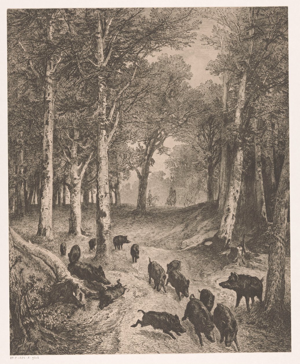 Grupp galtar på flykt från två jägare till häst av Karl Bodmer