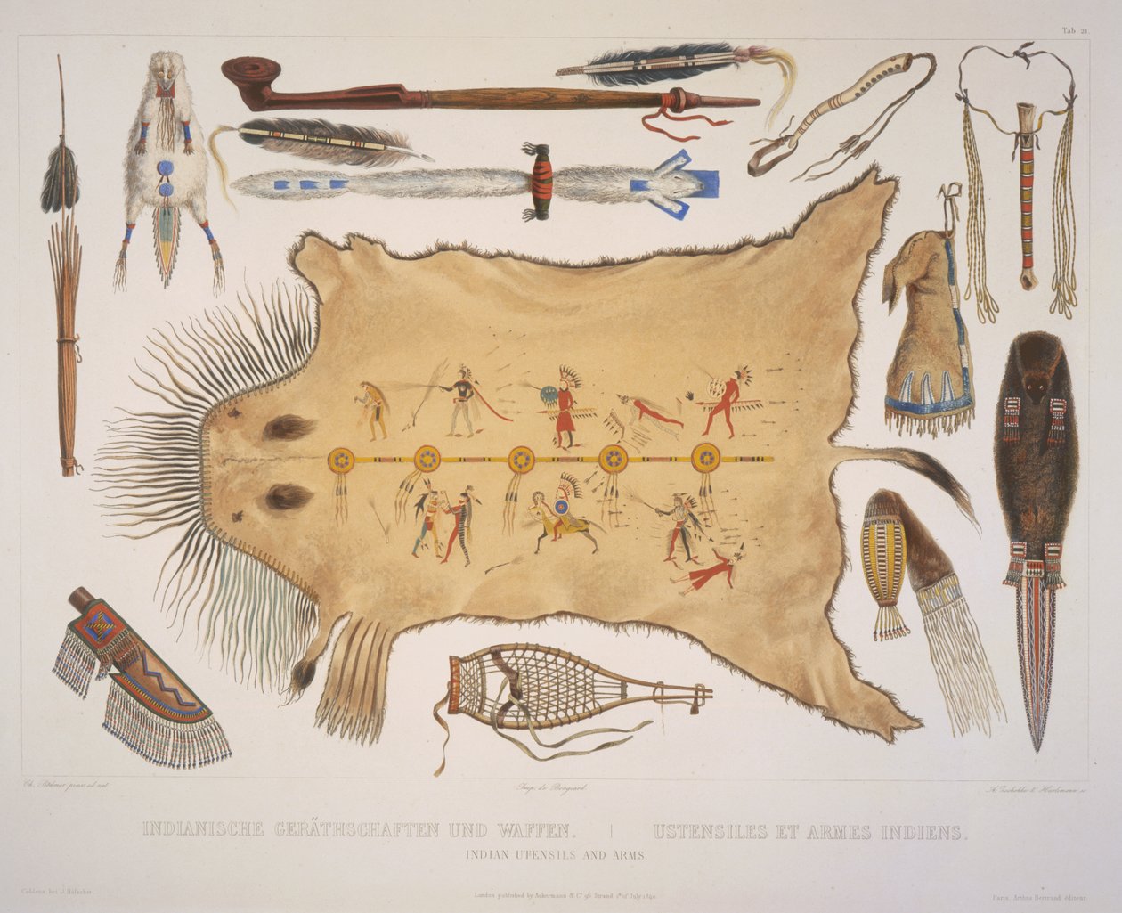 Indiska redskap och vapen, graverade av A. Zschokke und J. Hurliman, publicerade 1840 (akvatint) av Karl Bodmer