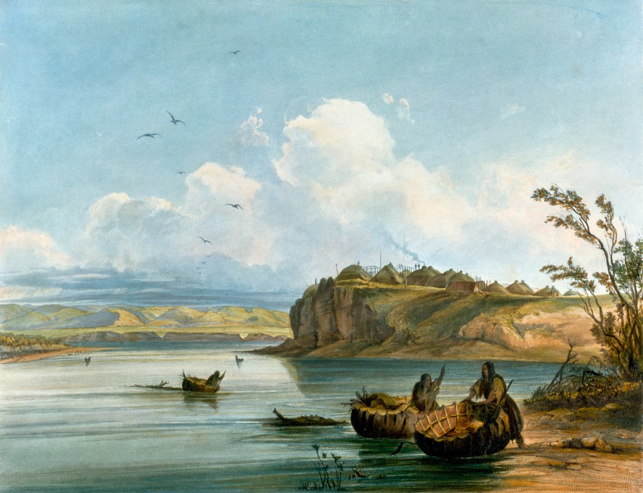 Mandan indiankvinnor korsar Missourifloden på båtar gjorda av buffelskinn, indiansk civilisation, USA av Karl Bodmer