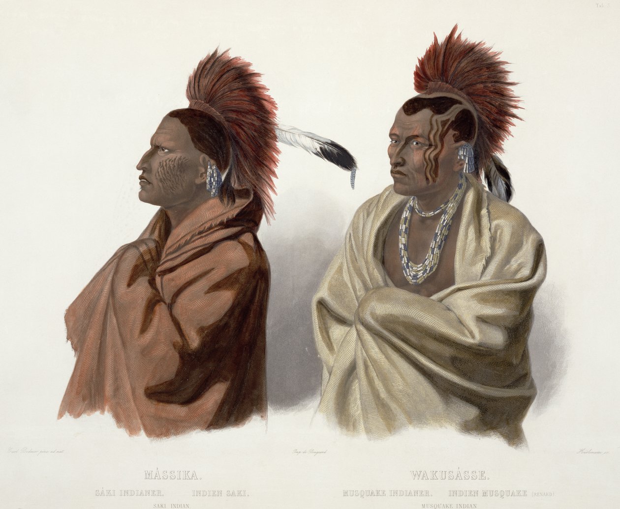 Massika, en sakiindian, och Wakusasse, en musquakeindian, tavla 3 från volym 2 av "Travels in the Interior of North America", graverad av J. Hurlimann, 1844 (akvatint). av Karl Bodmer